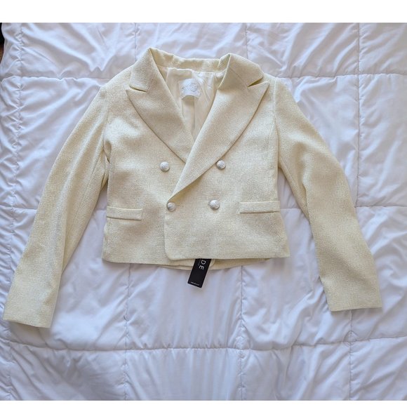 NWT Ode Butter Yellow Tweed Silver Button Cropped Light Blazer - Picture 6 of 8